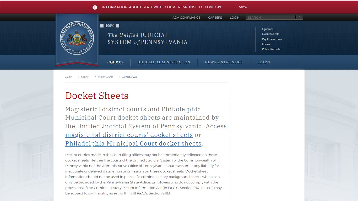 Docket Sheets | Minor Courts | Courts | Unified Judicial System of ...
